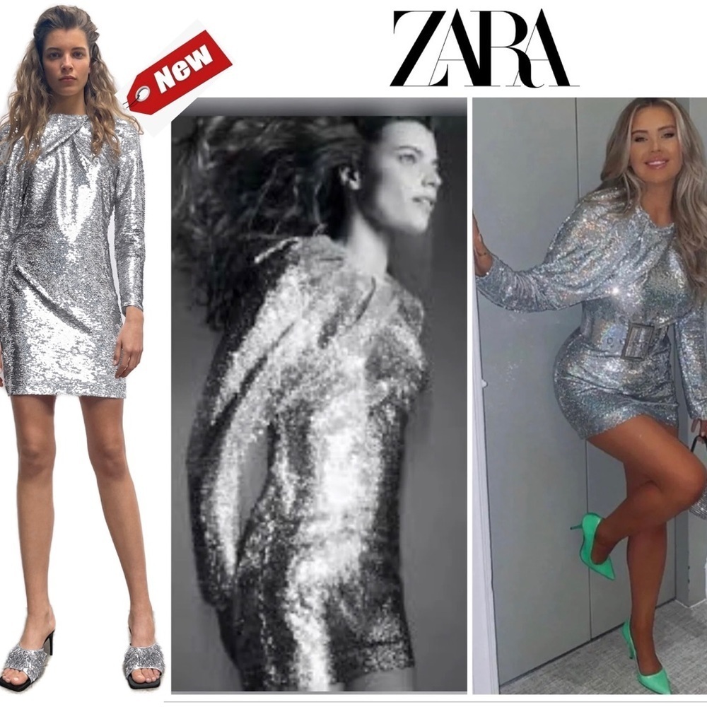 Zara Silver Short Sequin long sleeve draped mini Dress Sz XL NWT